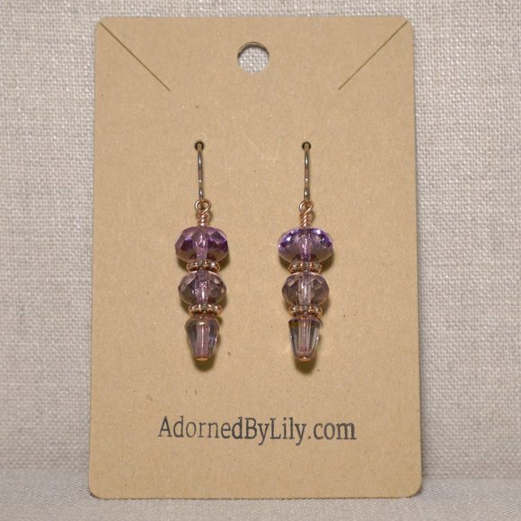 Hand Crafted Handmade Earrings Tanzanite Lavender Czech Glass Dangle Ear… - Picture 2 of 5
